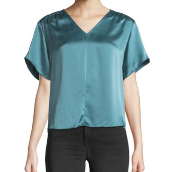 Rebecca Taylor Short-Sleeve Silk Charmeuse V-Neck Top, Size 6 - Picture 1 of 16